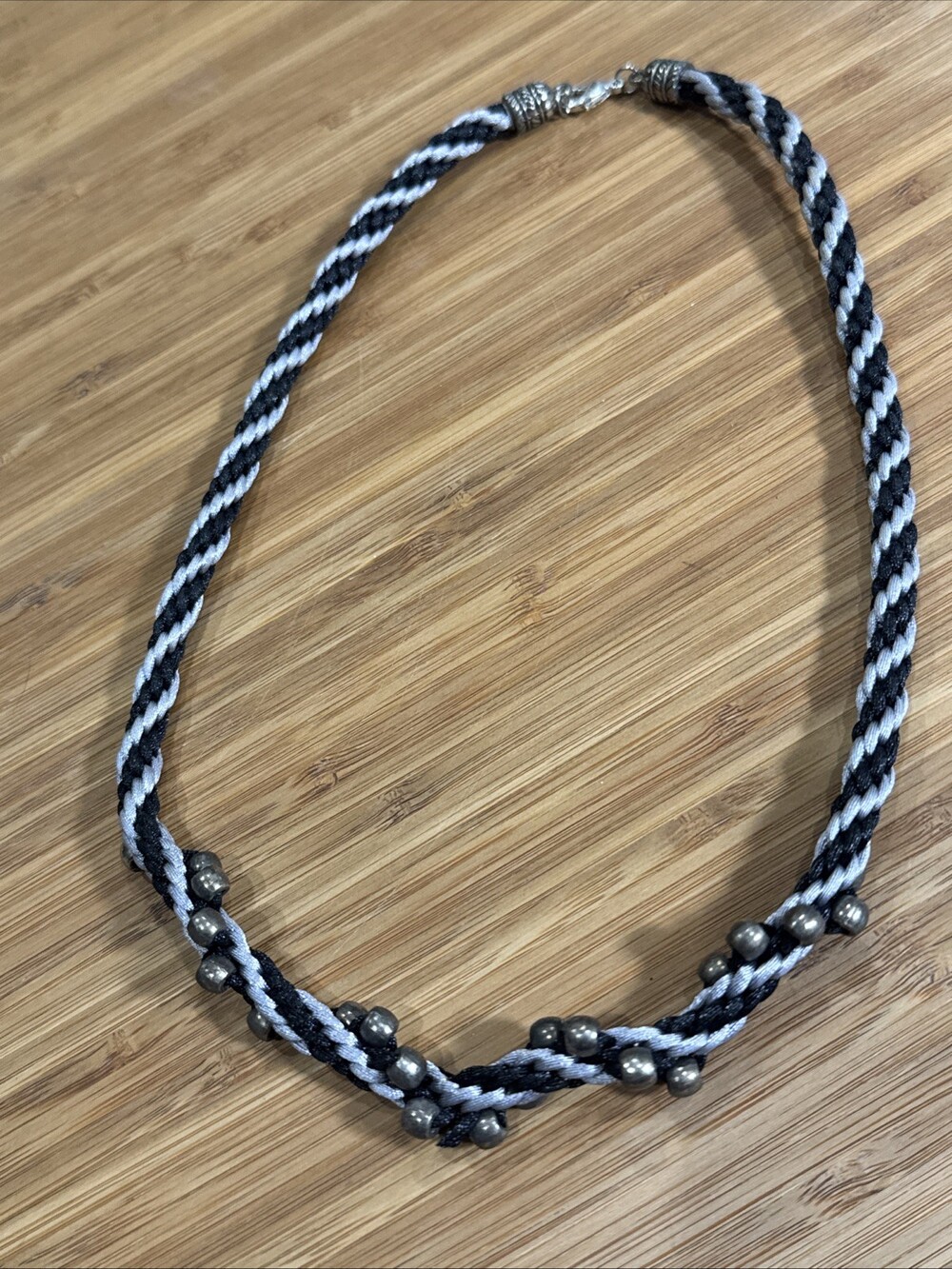 Black Silver Braided Cord Beaded Necklace Gunmetal Goth Witch Halloween Boho